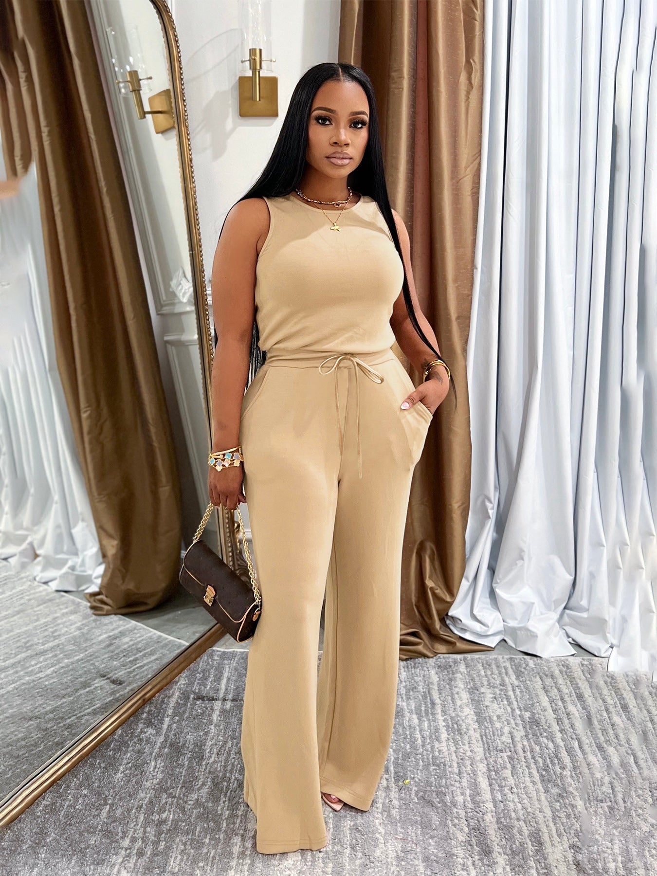 Summer New All-Match EuropeanAmerican Style Fashionable Slimming Casual Solid-Colored Lace-Up Jumpsuit