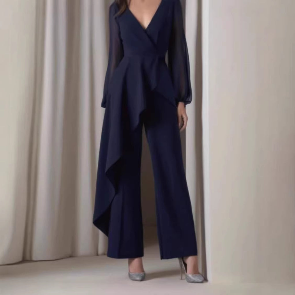 European And American Elegant Chic Casual Jumpsuit In Navy Blue