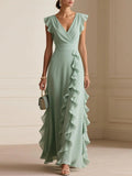 Elegant V Neck Ruffle Maxi Dress With Flutter Sleeves