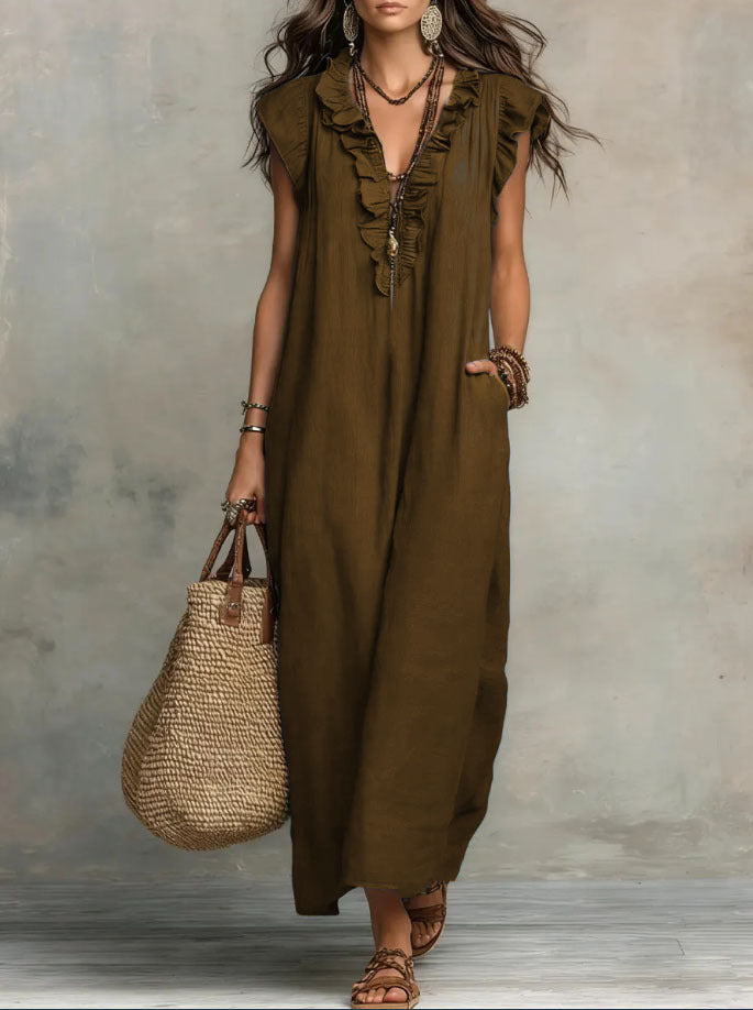 Bohemian Floor-length Dress With Flutter Sleeves